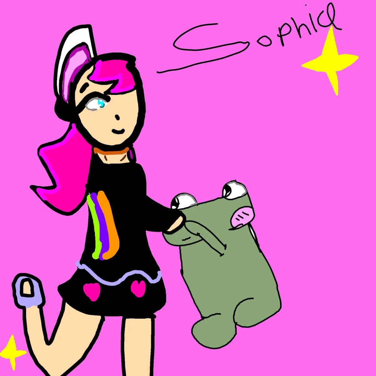 T0T3S11’s drawing of their character Sophia beside a green frog, with yellow stars against a bright pink background.