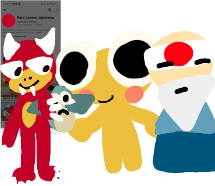 A digital drawing on white. On the left, a red Goro with two white horns, a yellow snout and belly, two white fangs and a grin grips a small teal fish with one big eye and a frown in a white hand. In the middle, a tall yellow Kero with two huge eyes with big black pupils, pink cheeks and a small smile reaches one arm towards Sensei. On the right, Sensei wears a white headband with a red circle and a blue robe, with closed eyes drawn as short lines and a white beard. A faded phone screenshot of the Kero Learns Japanese channel page sits behind Goro in the top-left corner.