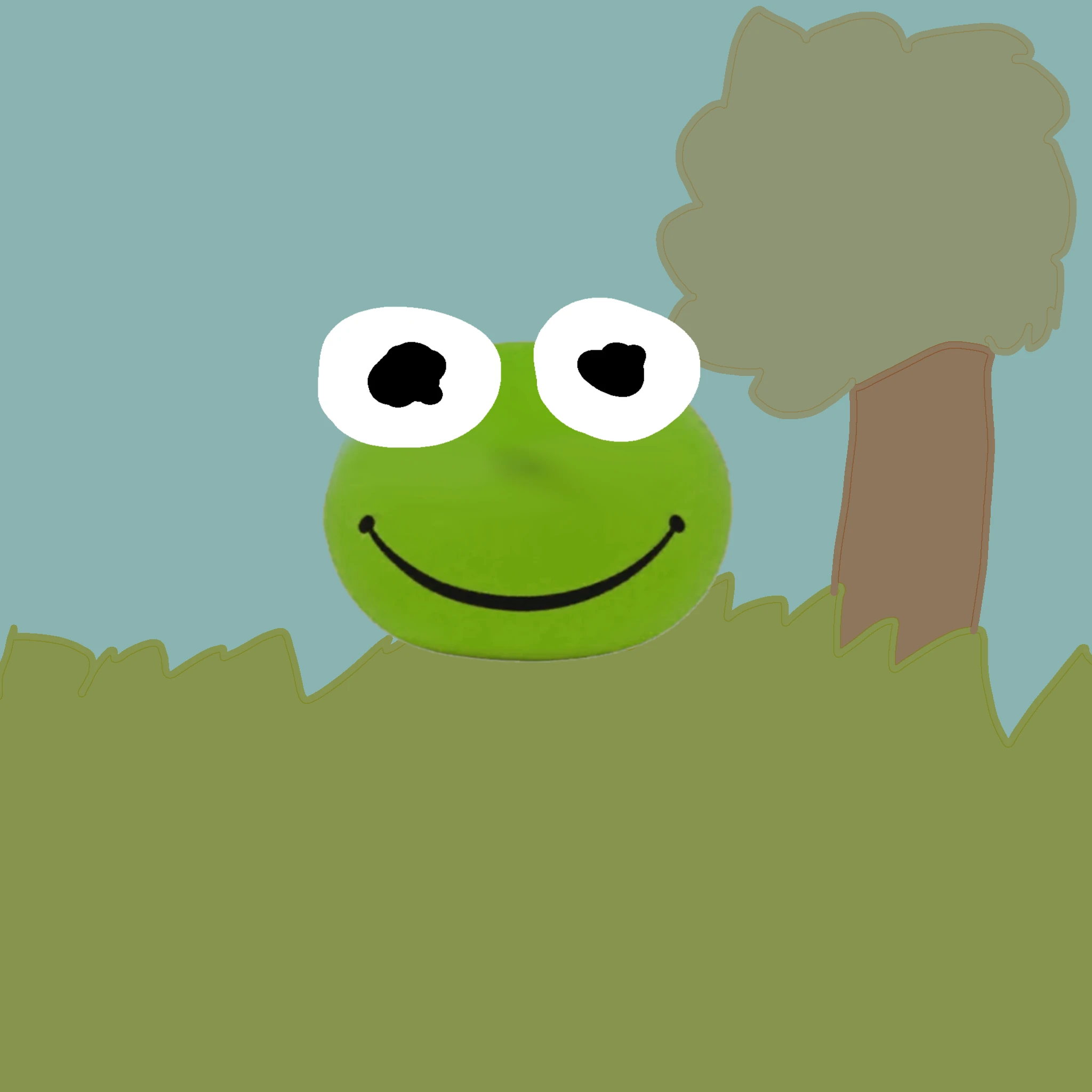 A glossy round green Kero head with big white hand-drawn eyes and a wide smile peeks over tall olive-green grass beside a brown tree, under a blue-grey sky.