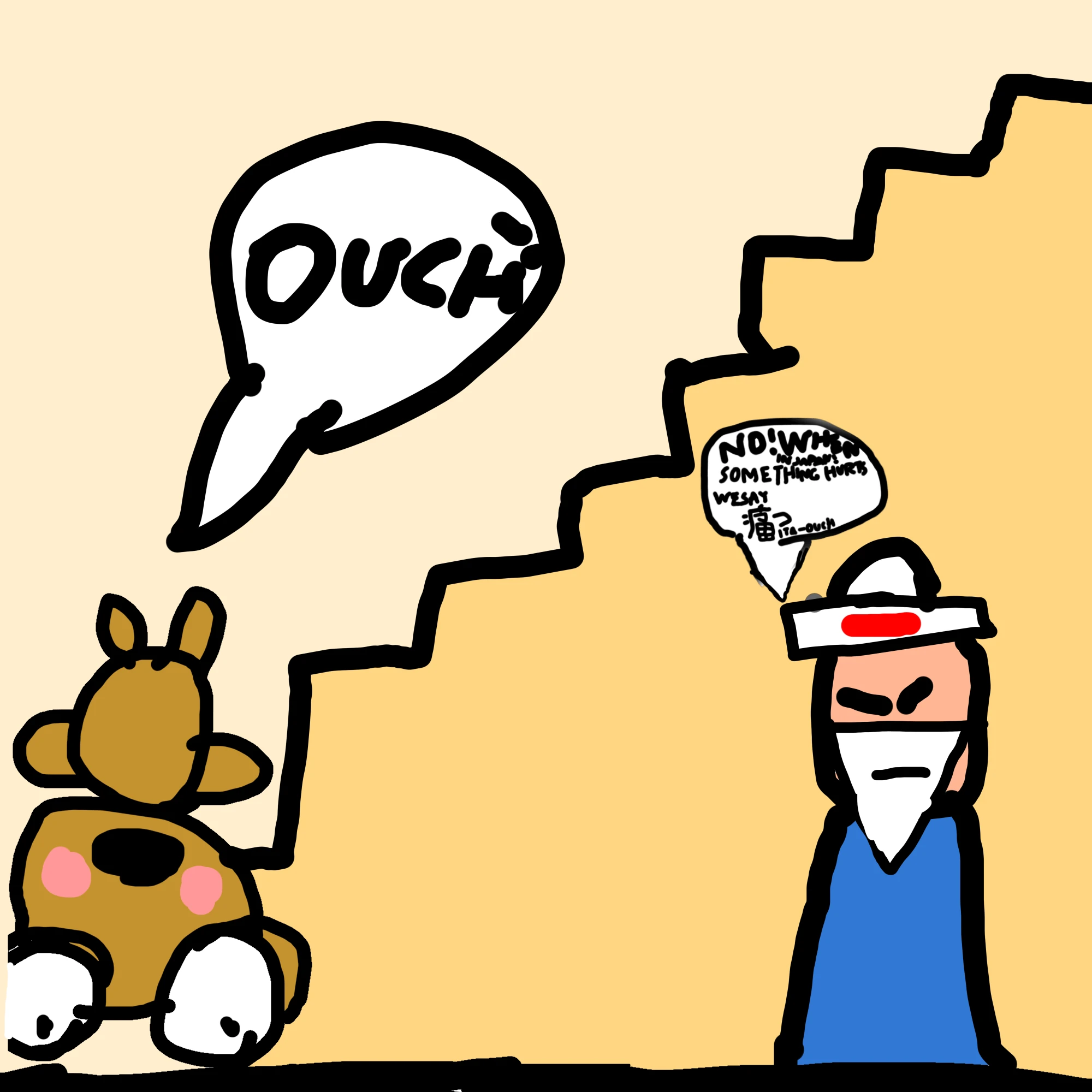 A drawing in thick black lines on cream, with a staircase climbing up to the right. At the bottom left, a brown Kero lies upside down with his big white eyes on the floor, pink cheeks, a black open mouth and his feet in the air, under a speech bubble reading OUCH. On the right, Sensei, with a white topknot, a white headband with a red stripe, a frowning face, a white pointed beard and a blue robe, says in a smaller speech bubble: NO! WHEN IN JAPAN! SOMETHING HURTS WE SAY 痛っ ITA-OUCH.