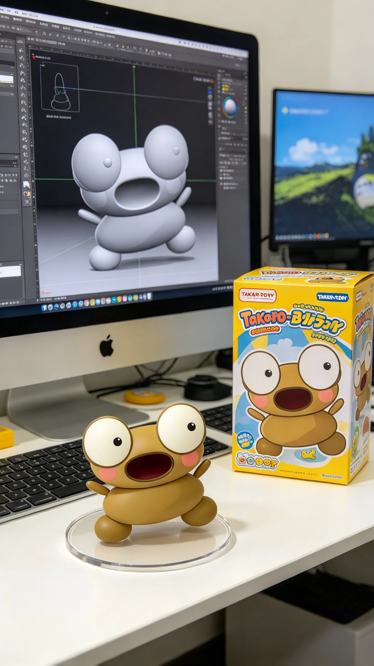 A photo-style desk scene: a computer screen shows a grey 3D model of Kero, and in front of it stands a glossy Kero figure with wide eyes and an open mouth on a clear round base, beside a bright toy box with Kero on the front.