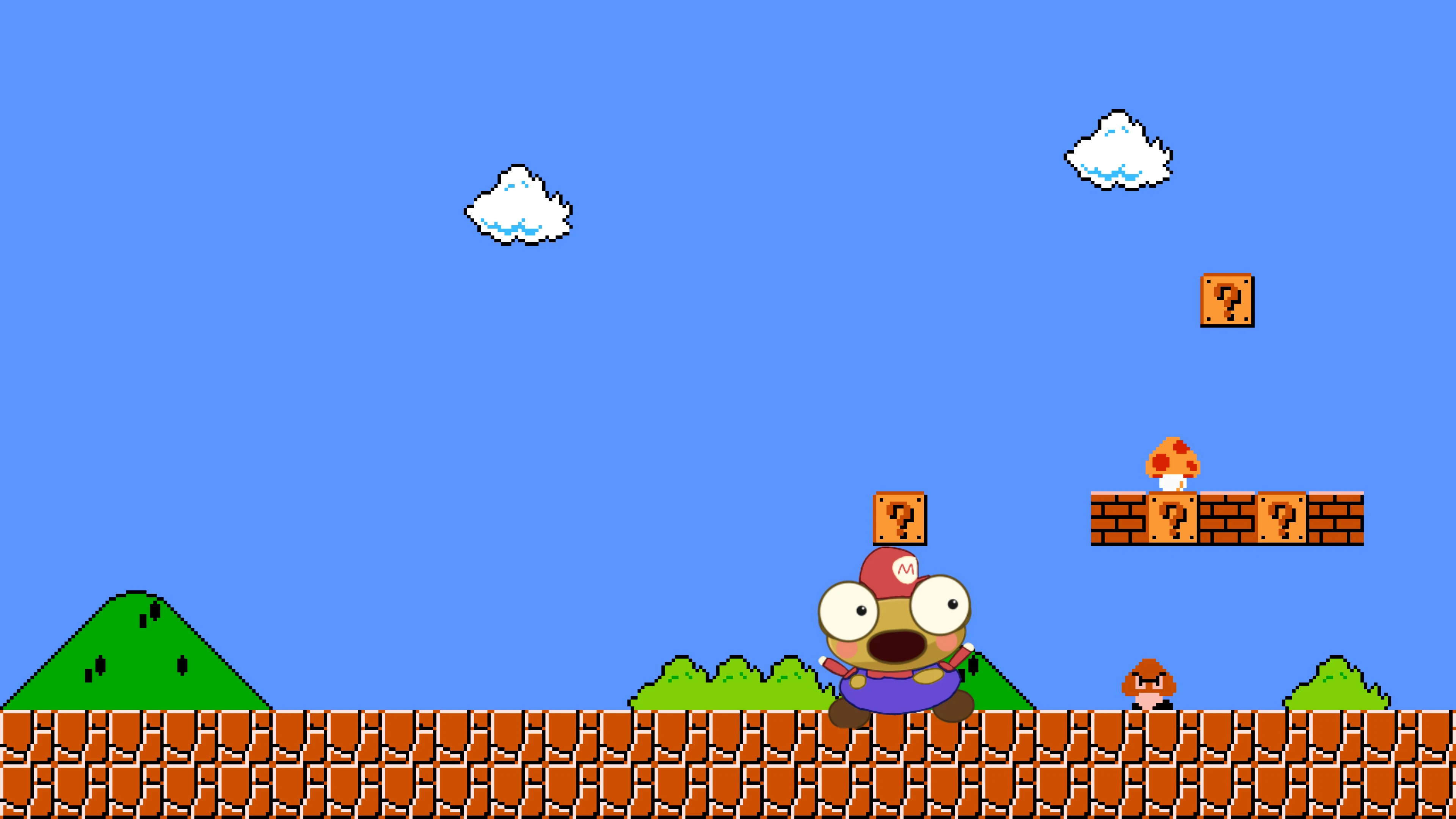 Wide-eyed, open-mouthed Kero in a red M cap and purple overalls jumps beneath a question block in a pixel-art Super Mario Bros. level, with a Goomba, a mushroom on a row of bricks, green hills and white clouds in a blue sky.