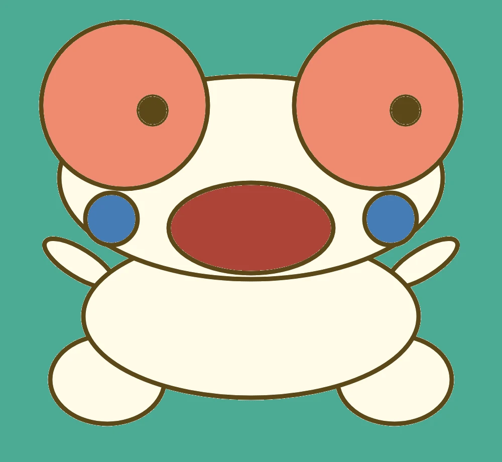 A flat digital drawing on a teal background of Kero made of ovals and circles outlined in dark brown: a cream head and body, two huge salmon pink eyes with small dark brown pupils looking to the right, round blue cheeks, a wide dark red oval mouth, two small arms raised to the sides and two oval feet.