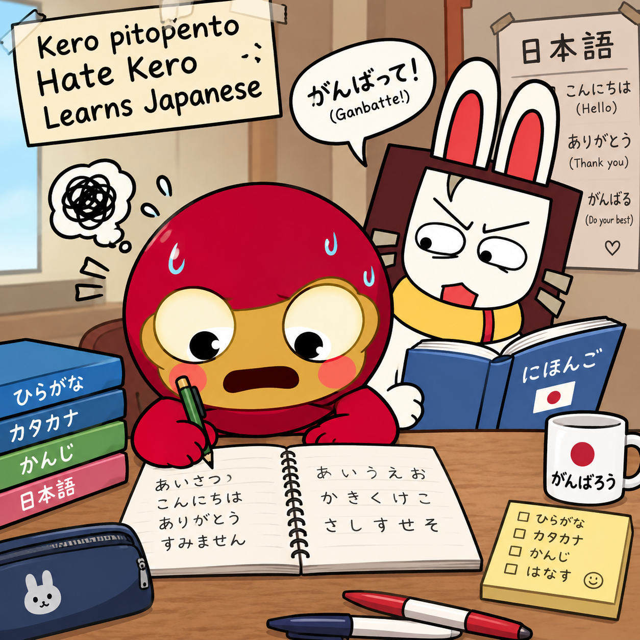 A red frog character writes in a notebook beside a rabbit teacher, surrounded by Japanese study books and notes.