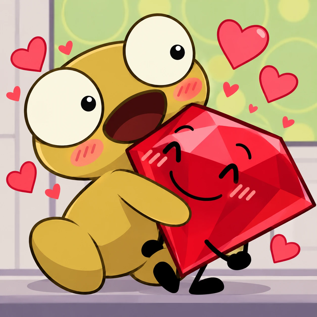 Kero, blushing with a wide open-mouthed grin, hugs a smiling red gem character with little arms and legs, surrounded by pink hearts in front of a window.