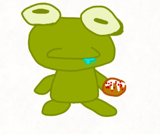 A green Kero with sleepy half-closed eyes and a drip of drool, holding a round snack with white icing and sprinkles, on a white background.