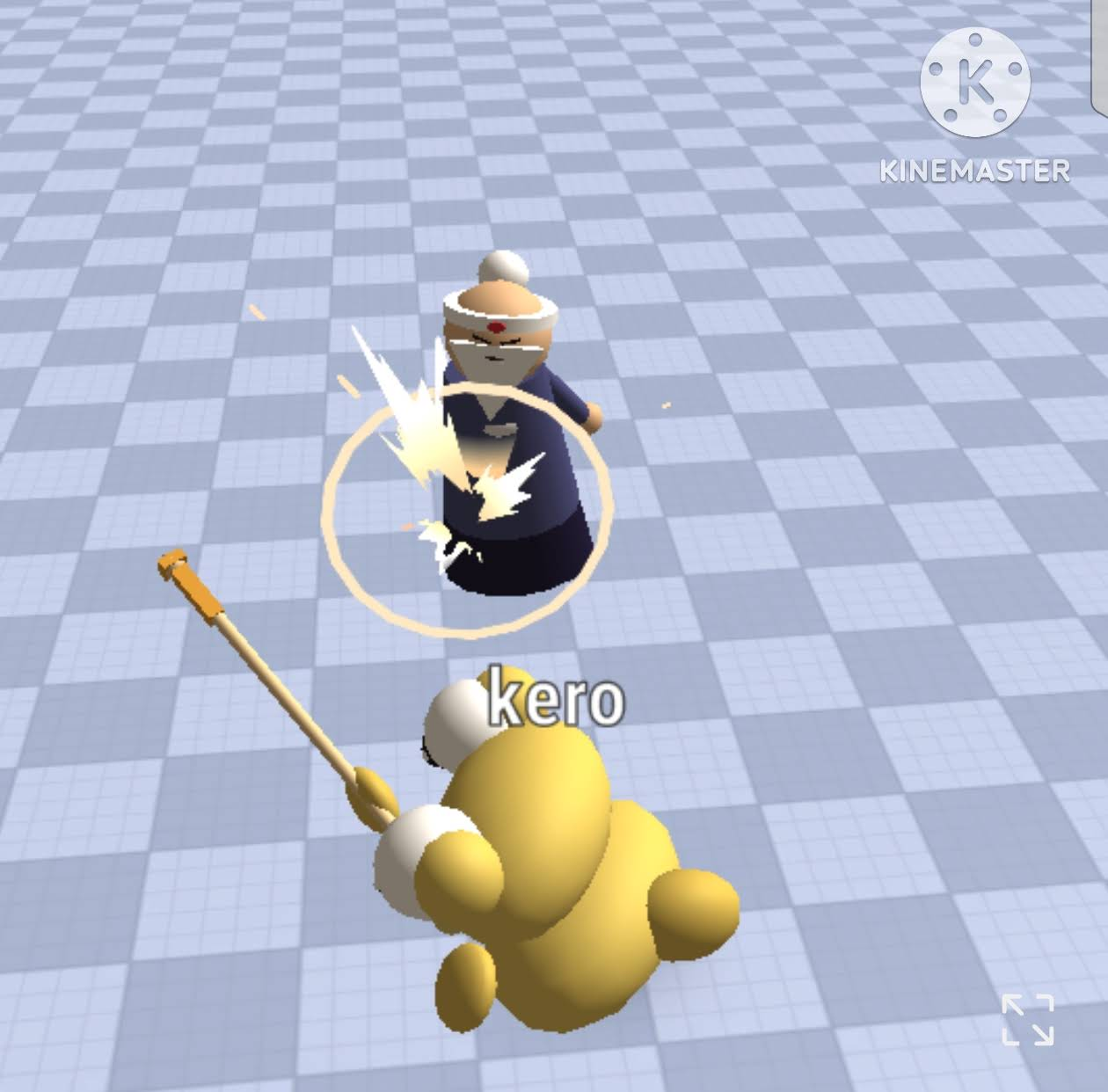 A 3D golden Kero swings a bamboo stick toward Sensei, with a white impact burst on a checked floor.