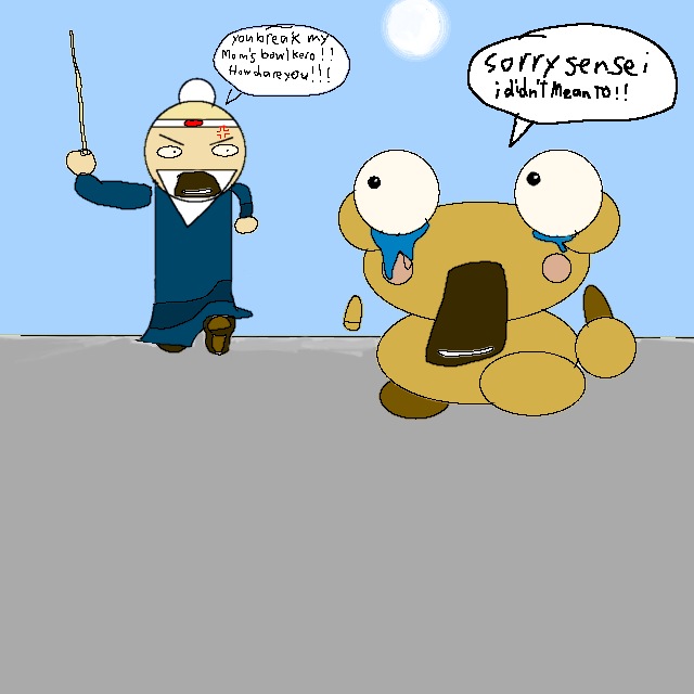 Kero cries beside Sensei, who holds up his bamboo stick, with handwritten speech bubbles against a blue sky.