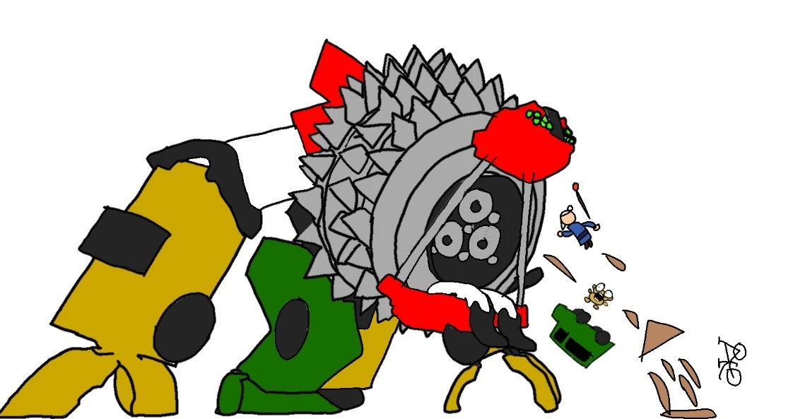 A hand-drawn giant robot made of yellow and green construction-machine parts, with red arms and a red head with green eyes, leans forward on a white background. Its huge spiked grey turbine sucks in a small Sensei in a blue robe with a white topknot and his red-tipped stick, a tiny golden Kero screaming with wide eyes, an upside-down green car, brown rubble and a bicycle.