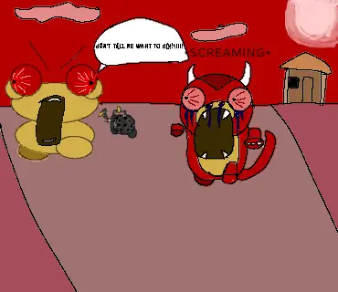 A hand-drawn yellow Kero with red eyes faces a red, horned Goro in a chaotic street battle beneath a red sky.