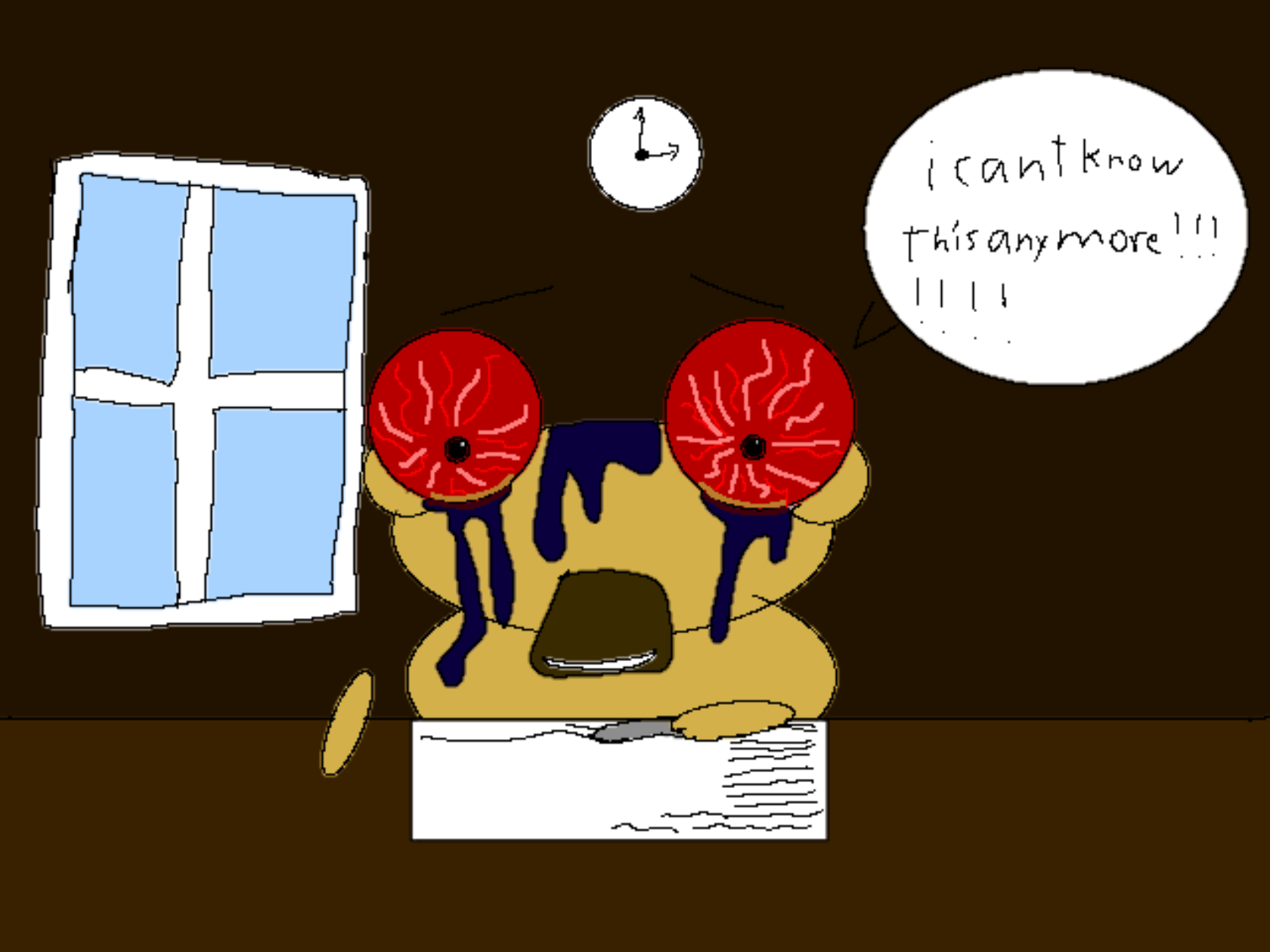 Kero sits at a desk over his homework, with bright red eyes, dark blue tears and an open mouth. A window, clock and handwritten speech bubble fill the room.