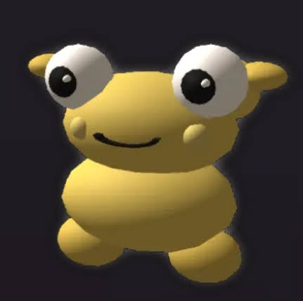 A 3D model of golden Kero with round white eyes and stubby limbs against a dark background.