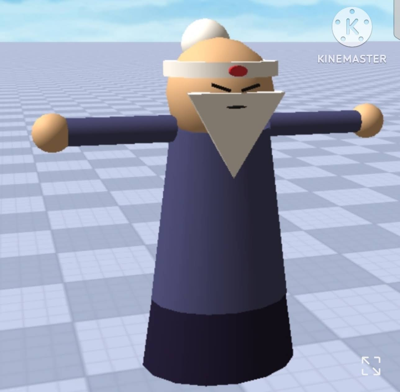 A 3D model of Sensei stands with both arms extended on a checked floor, wearing a blue robe and red headband.