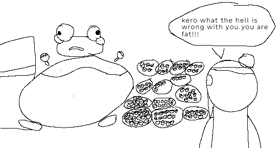 A line drawing of a very round Kero beside plates piled with takoyaki, while Sensei shouts “kero what the hell is wrong with you. you are fat!!!”