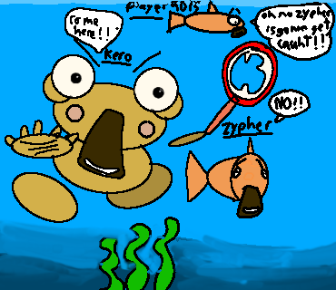 Zypher’s underwater drawing of golden Kero chasing orange fish with a red net, surrounded by speech bubbles and green seaweed.