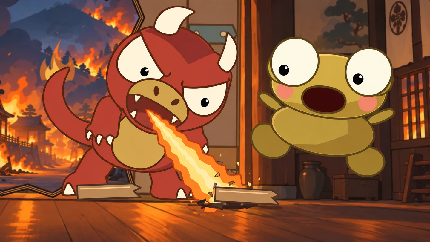 Fire pours from Goro’s open mouth while a shocked Kero jumps above the broken wood.