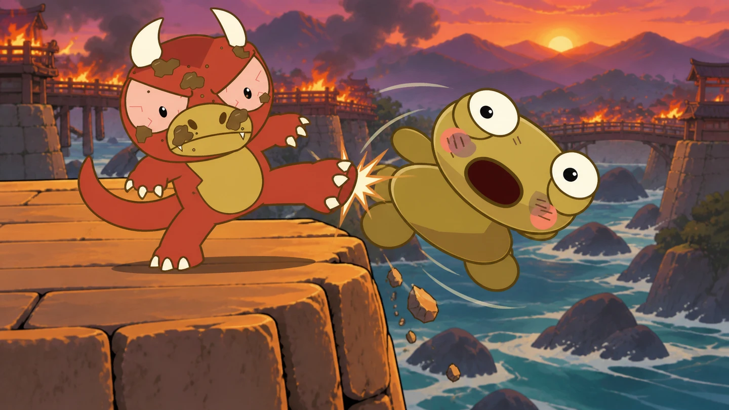 Goro’s extended foot strikes Kero, sending the golden frog off the stone ledge above the river.