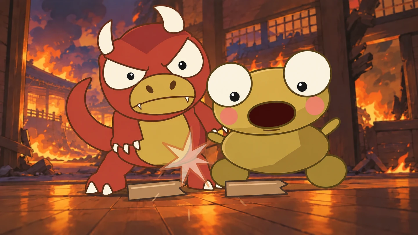 Kero stares down in shock at the two broken plank halves beside Goro.