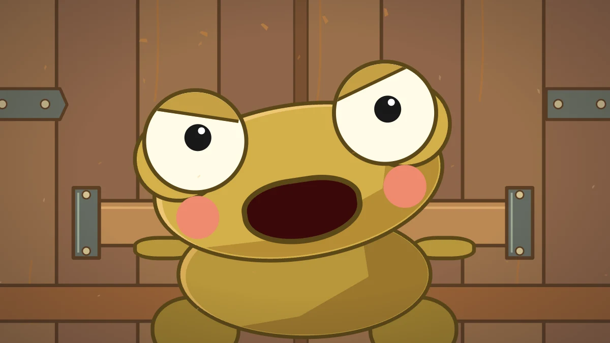 Kero presses his back against a wooden door barricaded with a plank.