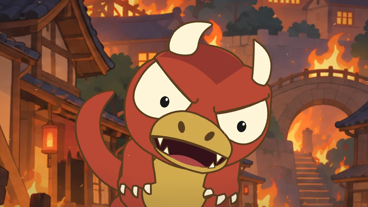 Goro roars outside the dojo, his mouth open and both horns visible.