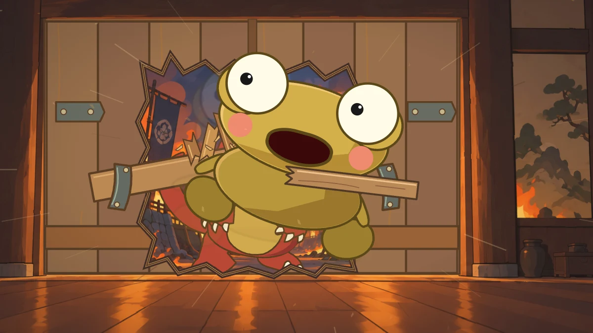 The door bursts apart, throwing Kero into the room with the wooden plank.