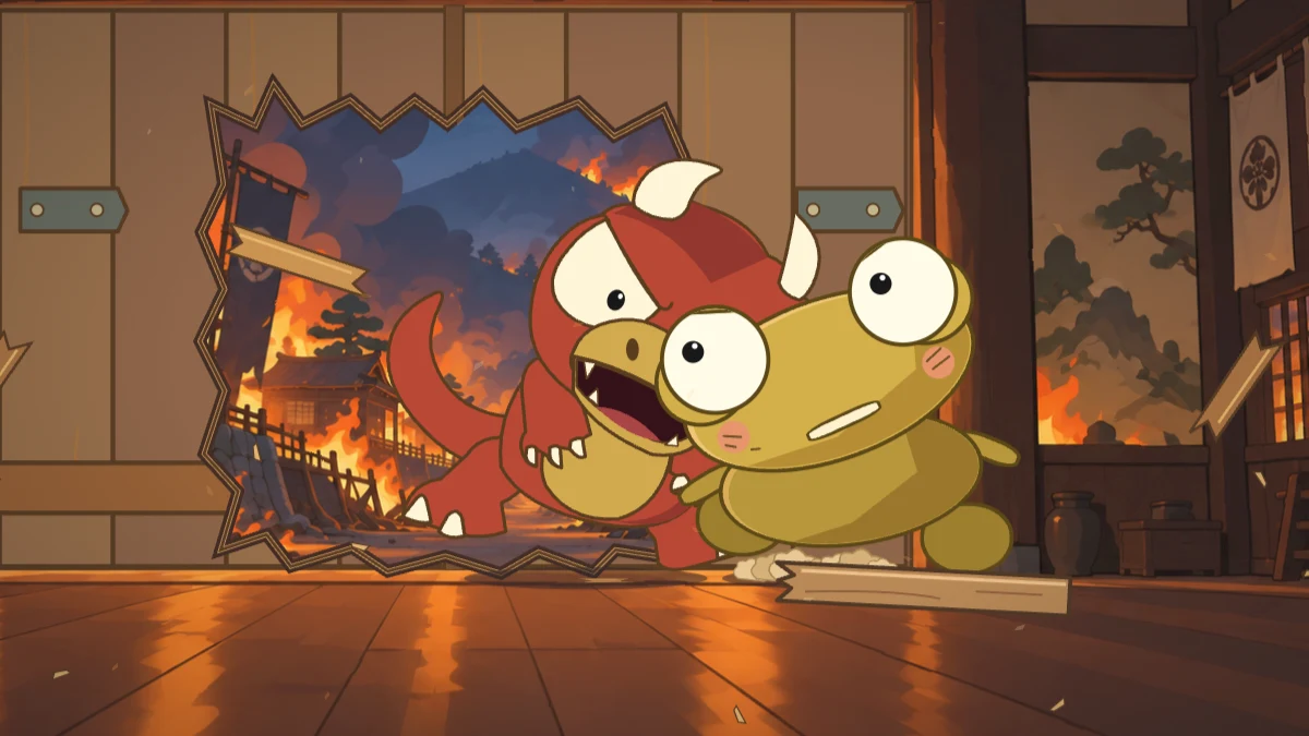 Goro lunges through the broken doorway after Kero.
