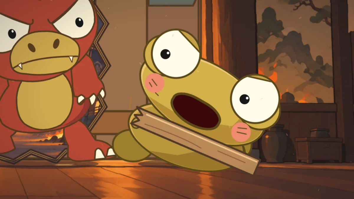 Kero ducks below Goro’s claws, clutching the plank.
