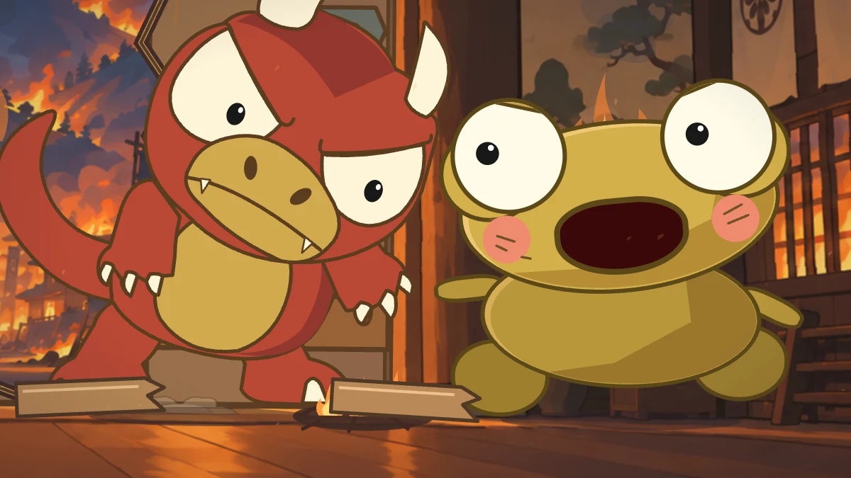 Kero lands beyond the flames while Goro turns to pursue him.