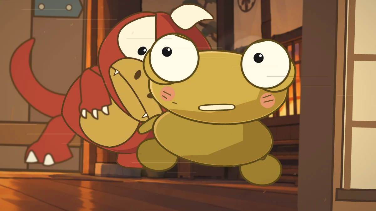 Kero and Goro burst out of the dojo onto the burning street.