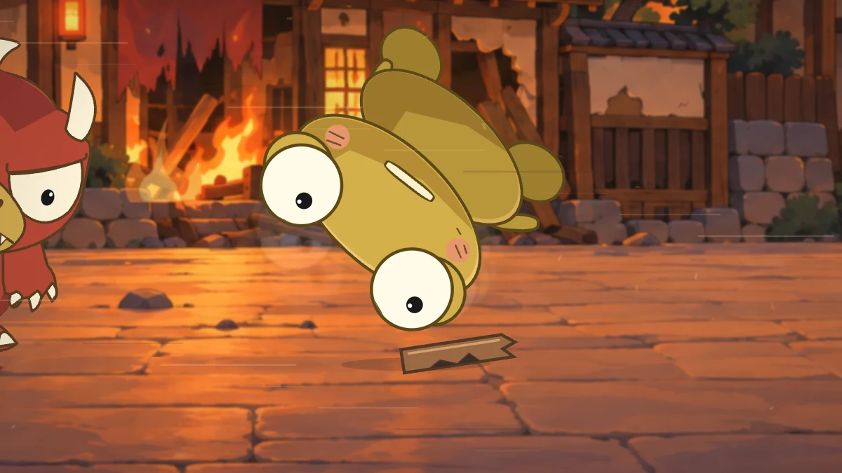 Kero tumbles head over heels above broken wood while Goro gives chase.