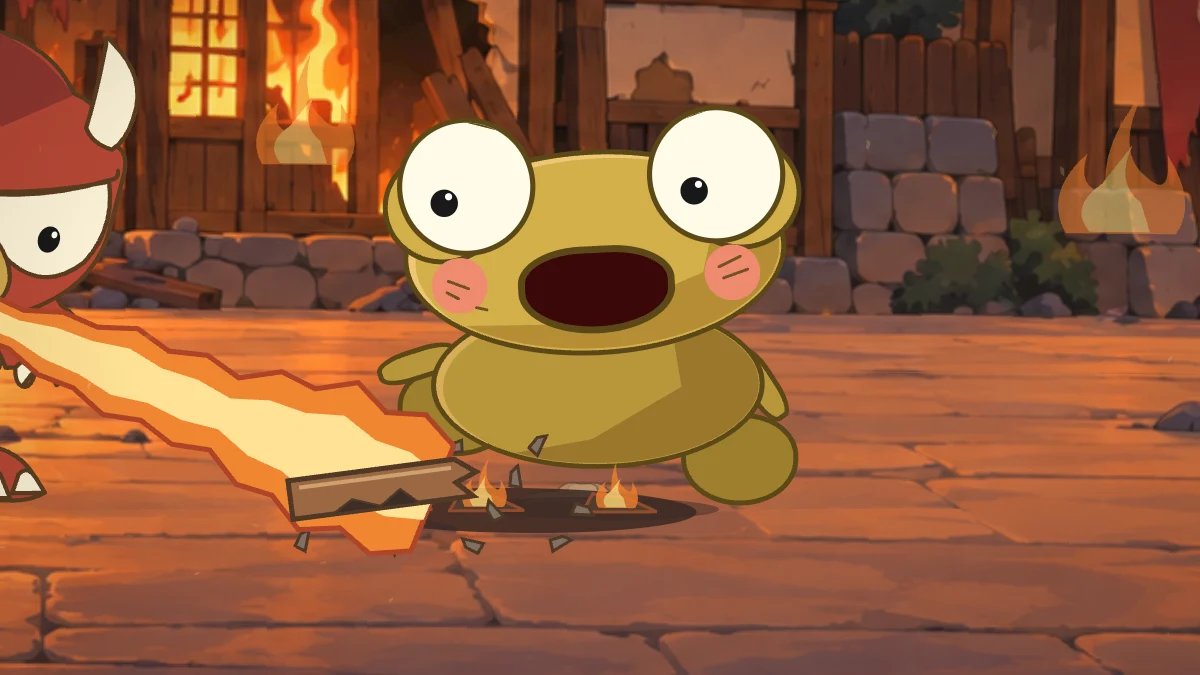 Kero leaps away from fire licking across the street at his feet.