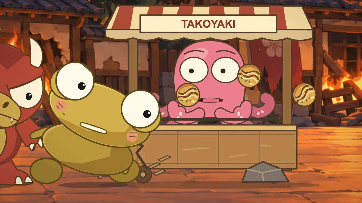 Kero collides with the octopus chef’s cart, sending takoyaki balls flying.