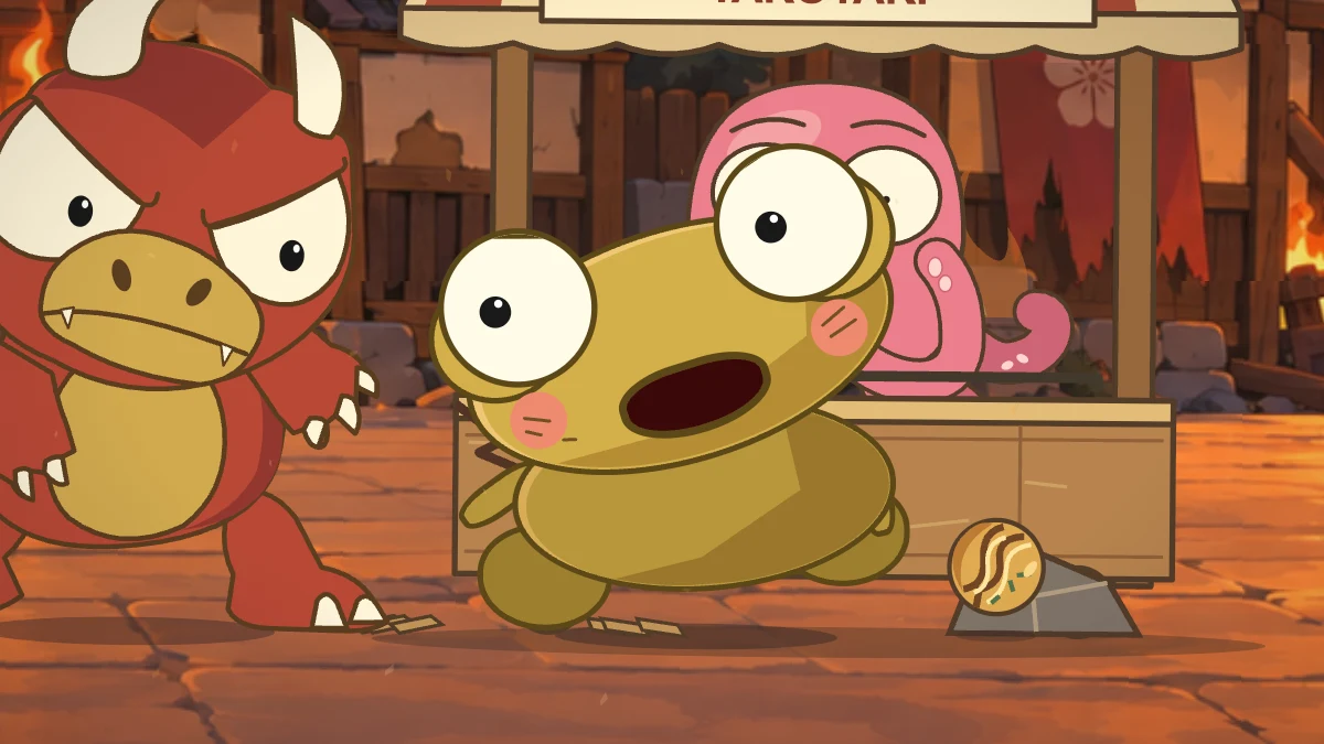 Kero calls back to the chef from beside the battered stall.
