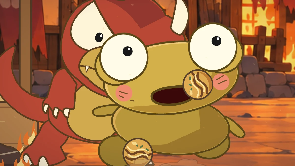 A takoyaki ball flies into Kero’s wide-open mouth.