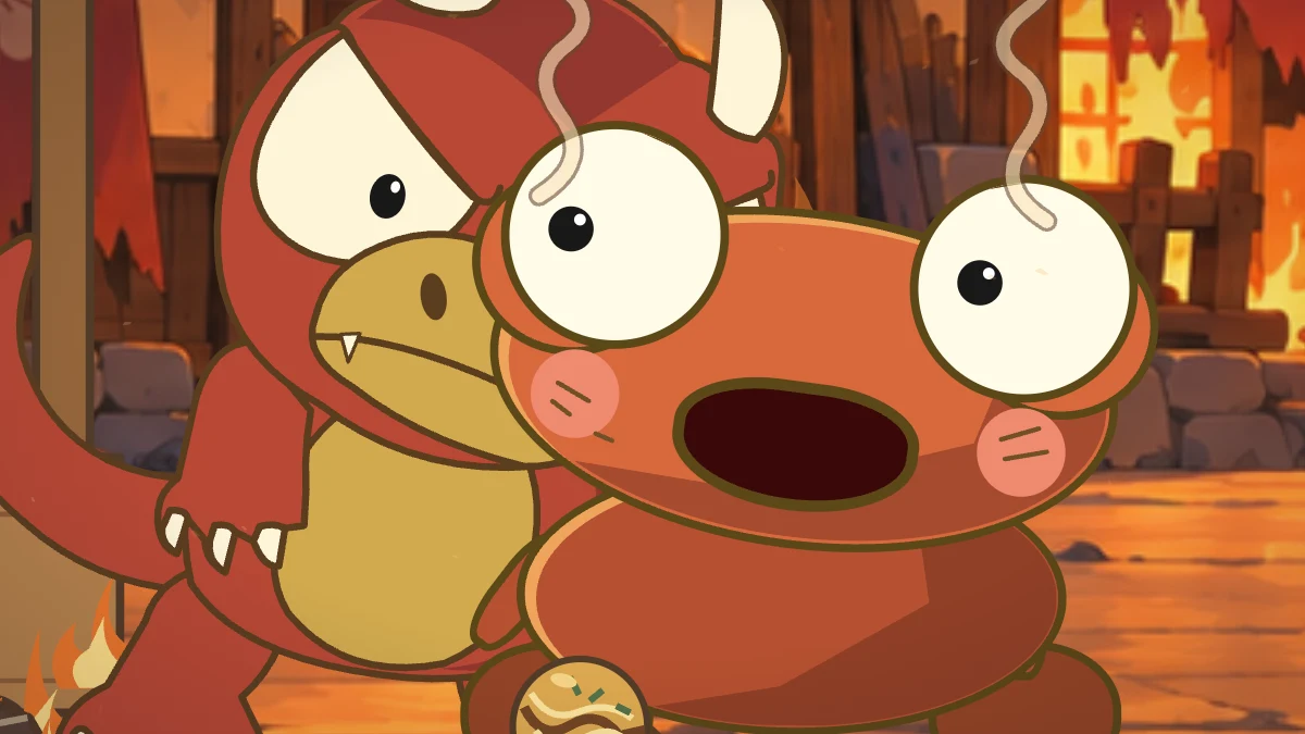 Kero turns bright orange-red and steam rises from his overheated face.