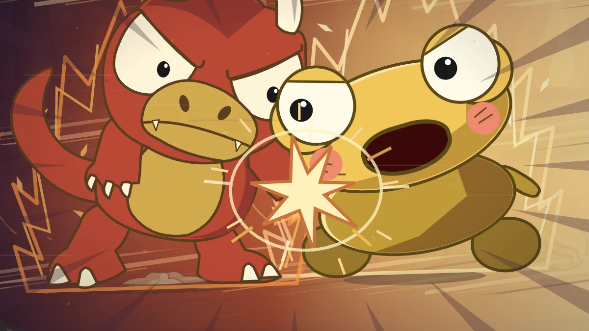 Kero drives a glowing punch into Goro in a flash of golden energy.