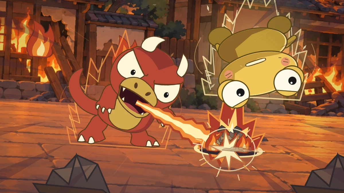 Kero somersaults above a stream of fire from Goro’s open mouth.