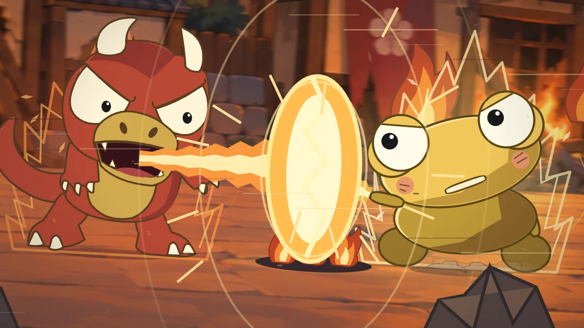 Goro’s sustained flame presses against the bright energy disc in front of Kero.