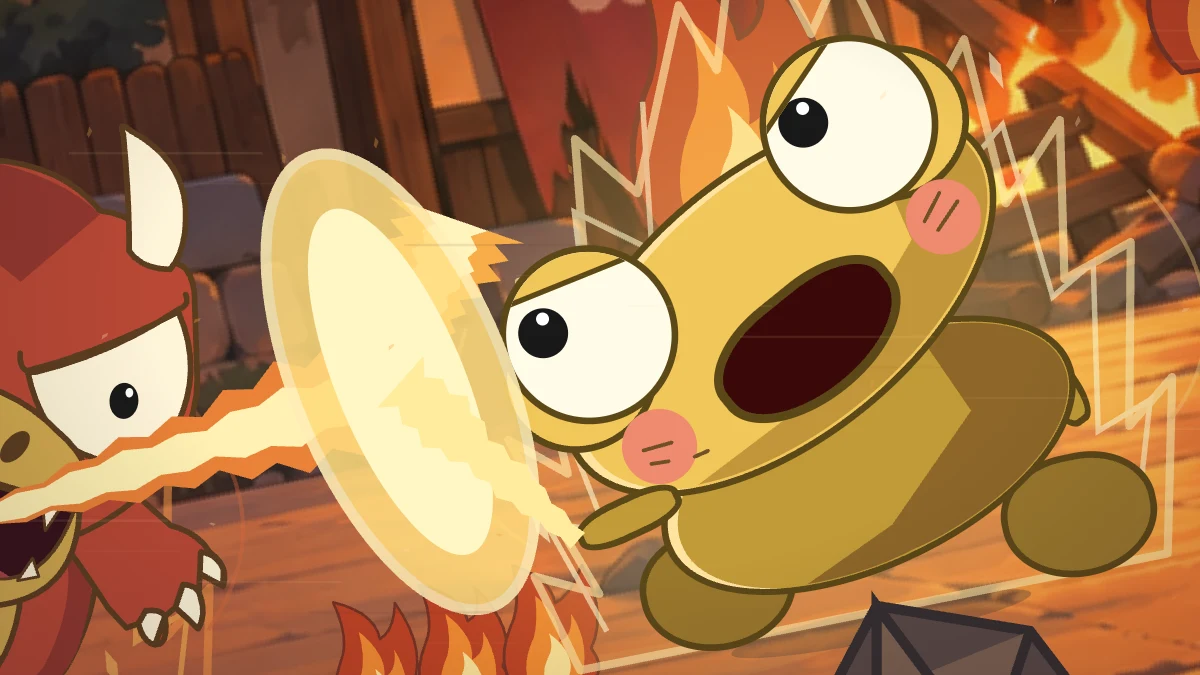 Kero braces behind his golden energy shield as Goro’s fire drives him backward.