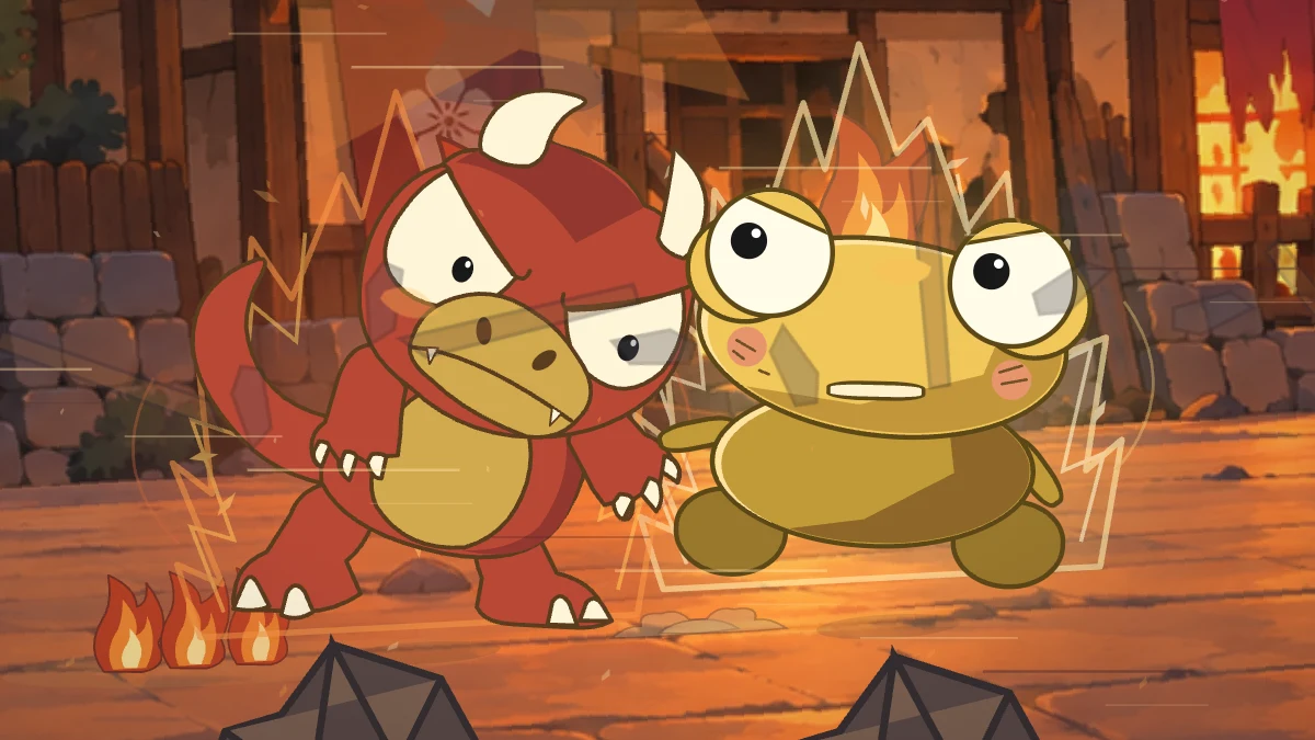 Goro catches up to Kero at the end of the burning street.