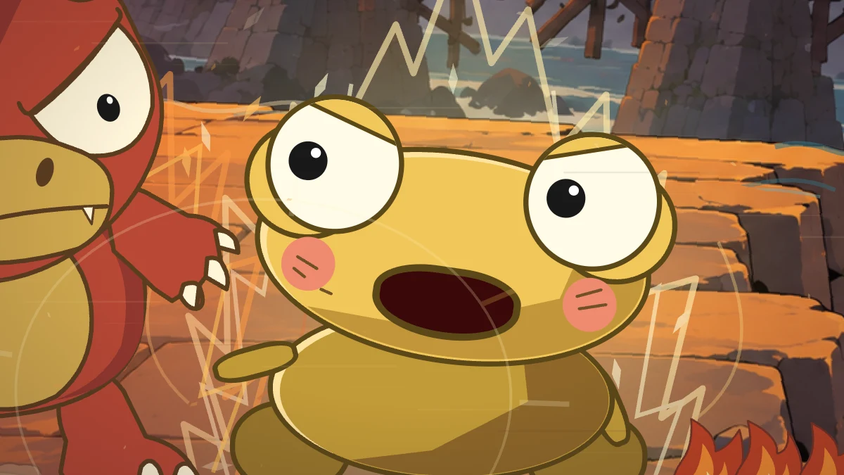 Kero recoils as Goro leans close to him beside the river.