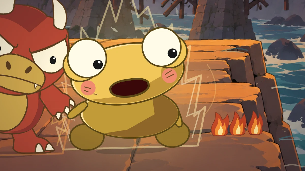 Kero balances on the stone river ledge with Goro blocking his way back.