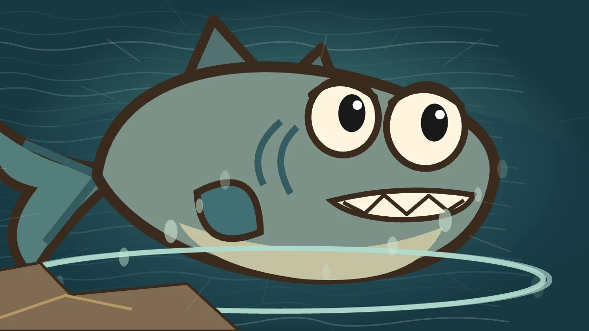 A wide-eyed fish with sharp teeth waits in the water below.