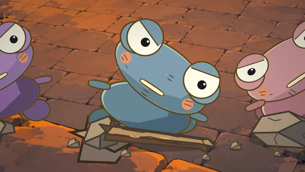 An injured blue-green frog is trapped among fallen timbers with other villagers nearby.