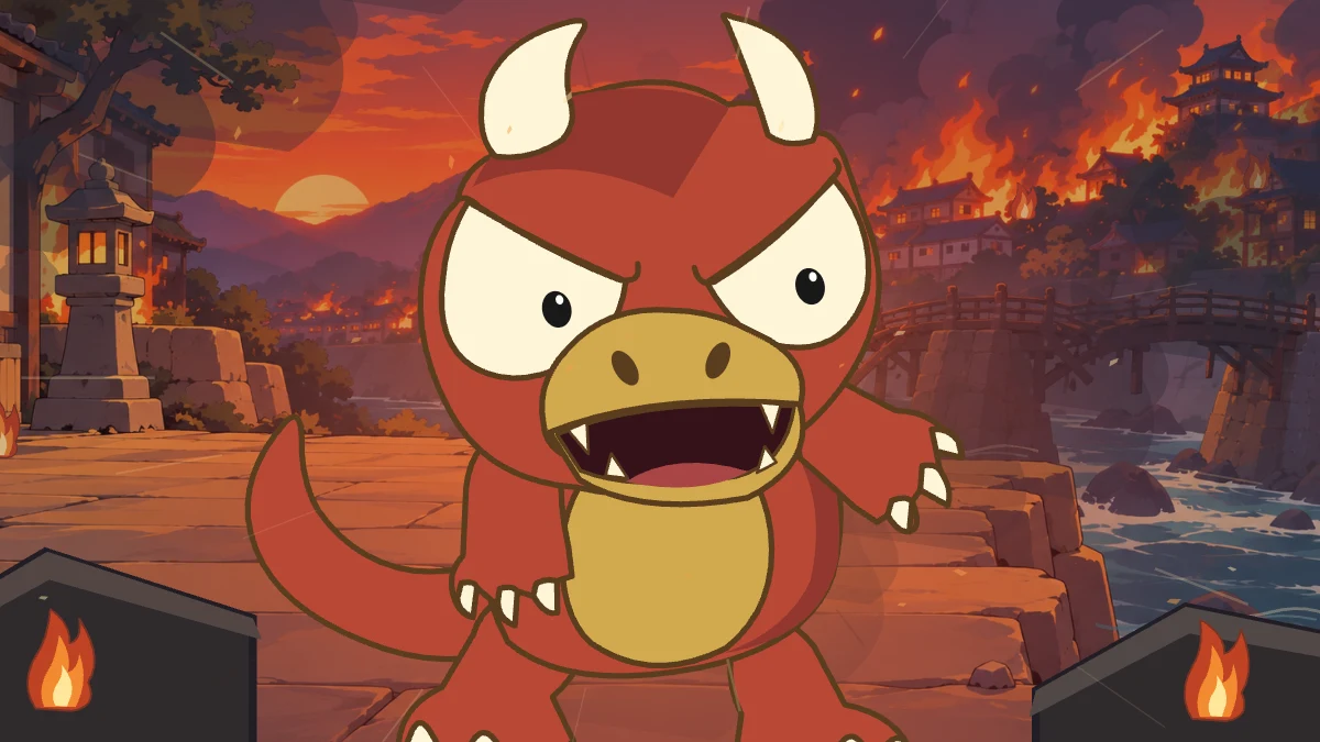 Goro stands triumphantly beside the river as the village burns behind him.