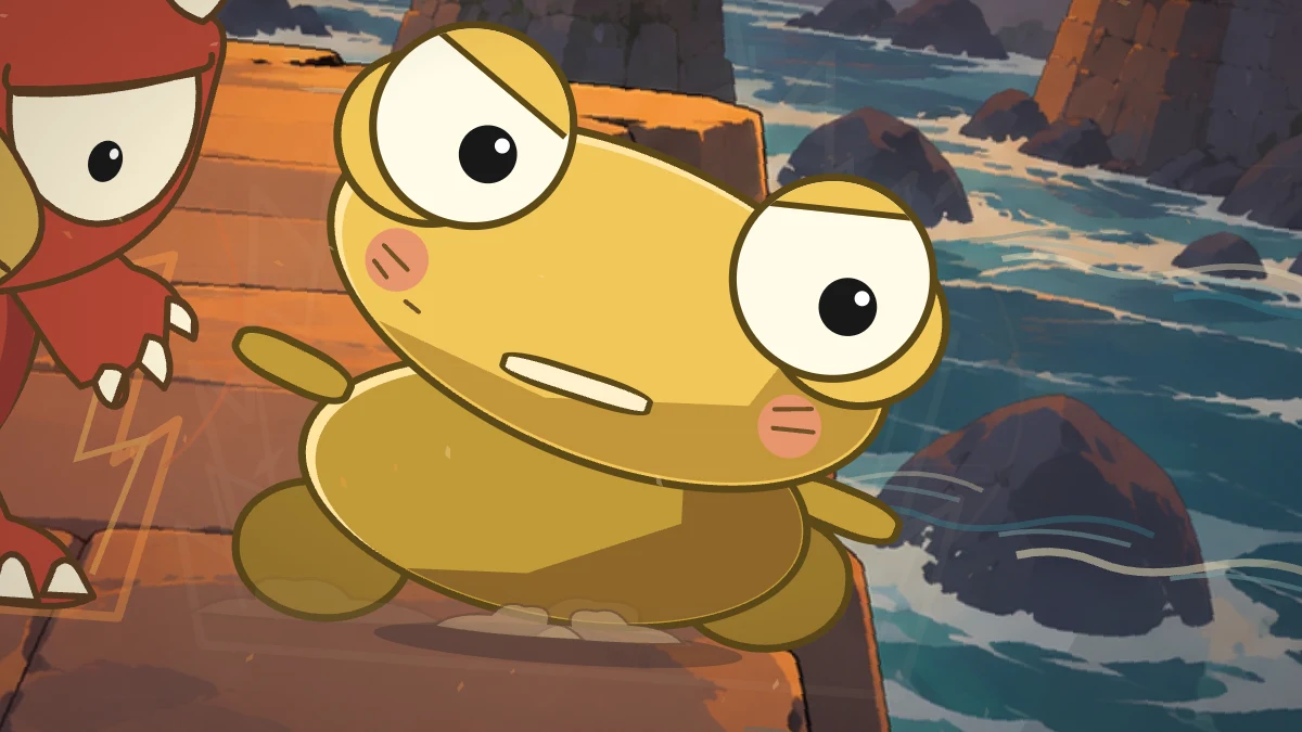 Kero reels beside Goro after a blow on the narrow river ledge.