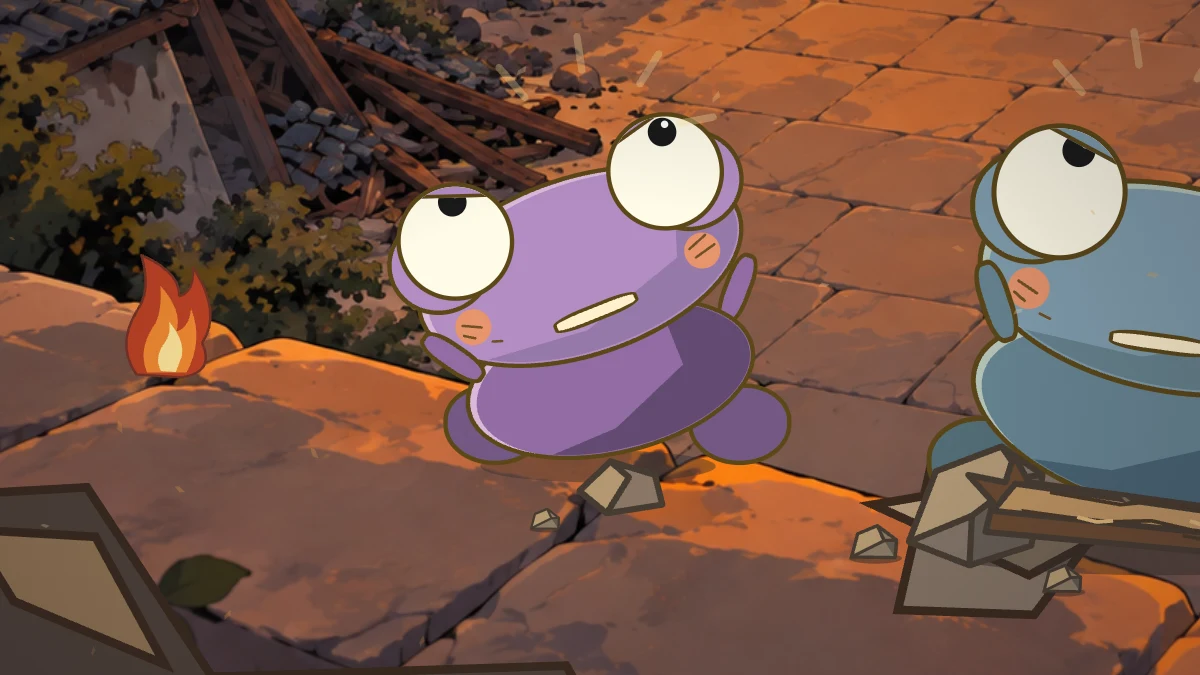 A purple villager calls out beside an injured blue neighbour in the wrecked street.