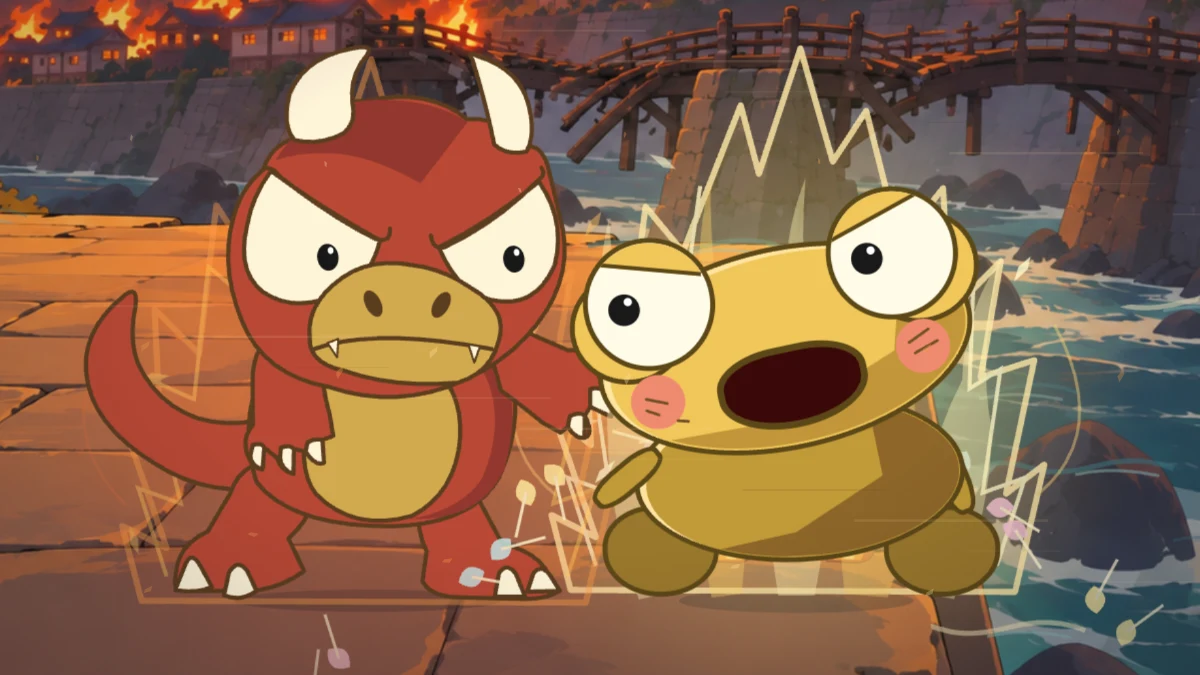 Kero plants his feet beside Goro and shouts, blazing with golden energy.