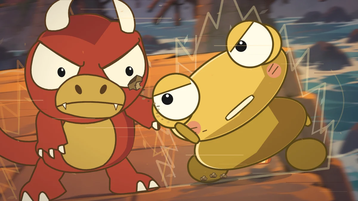 Kero swings a handful of dirt straight toward Goro’s face.