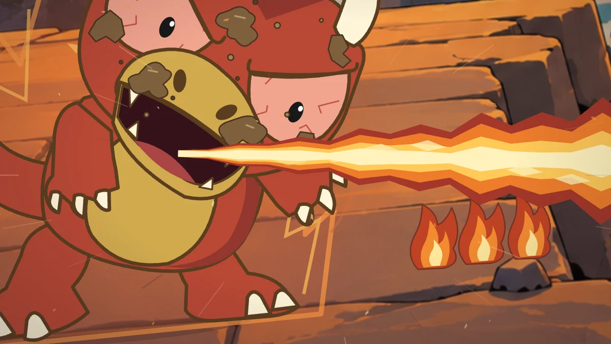Goro opens his mouth wide and blasts fire across the river ledge.
